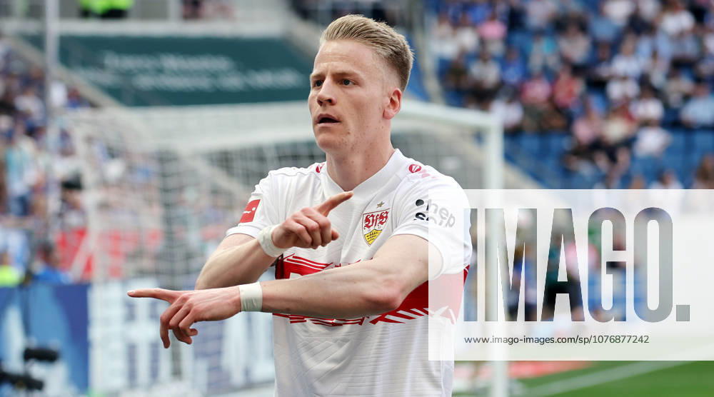Sinsheim , Soccer Bundesliga TSG 1899 Hoffenheim vs VfB Stuttgart , Scorer Chris Führich VfB celebrates his goal for 1 1