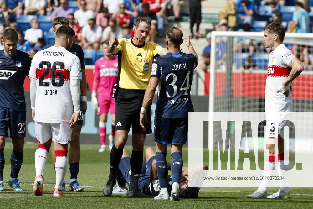 Ozan Kabak TSG Hoffenheim, 05 injured on the ground , Germany, Football, 1 Bundesliga, Matchday 32, 2025 2026, TSG Hoffenheim vs VfB Stuttgart, 02 05 2026, Sinsheim PreZero Arena Germany