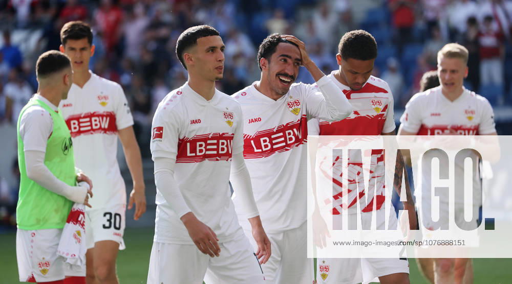 Sinsheim , Bundesliga TSG 1899 Hoffenheim vs VfB Stuttgart , front from l Bilai El Khannouss VfB , Tiago Tomas VfB , Nikolas Nartey VfB