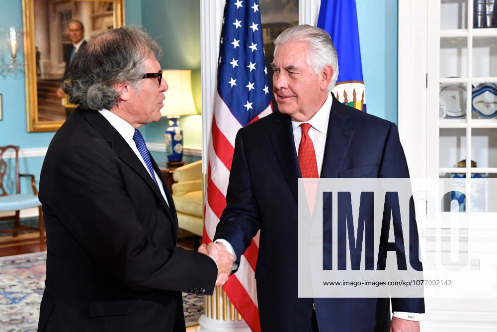 Washington, DC, United States of America - U.S. Secretary of State Rex Tillerson shakes hands with Organization of American States Secretary General Luis Almagro prior to their bilateral meeting October 13, 2017 in Washington D.C.