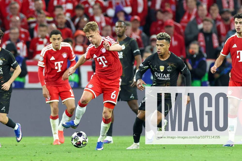 In duel, action, with Joshua Kimmich 6 FC Bayern Muenchen , Desire Doue 14 Paris Saint Germain , FC Bayern Muenchen vs Paris Saint Germain, football, UEFA, Champions League, semi-final, second leg, 06 05 2026 Muenchen Bayern Germany
