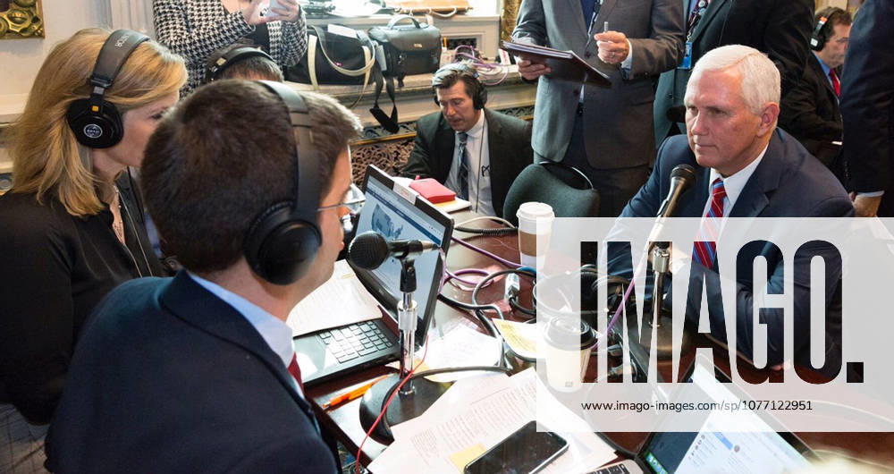 Washington, DC, United States of America - U.S. Vice President Mike Pence speaks with conservative radio talkshow hosts as the White House hosts a talk radio row in the Old Executive Office Building October 17, 2017 in Washington, DC. The Trump administration is hoping to appeal directly to his grassroots through conservative talk radio to push for his tax reform program.
