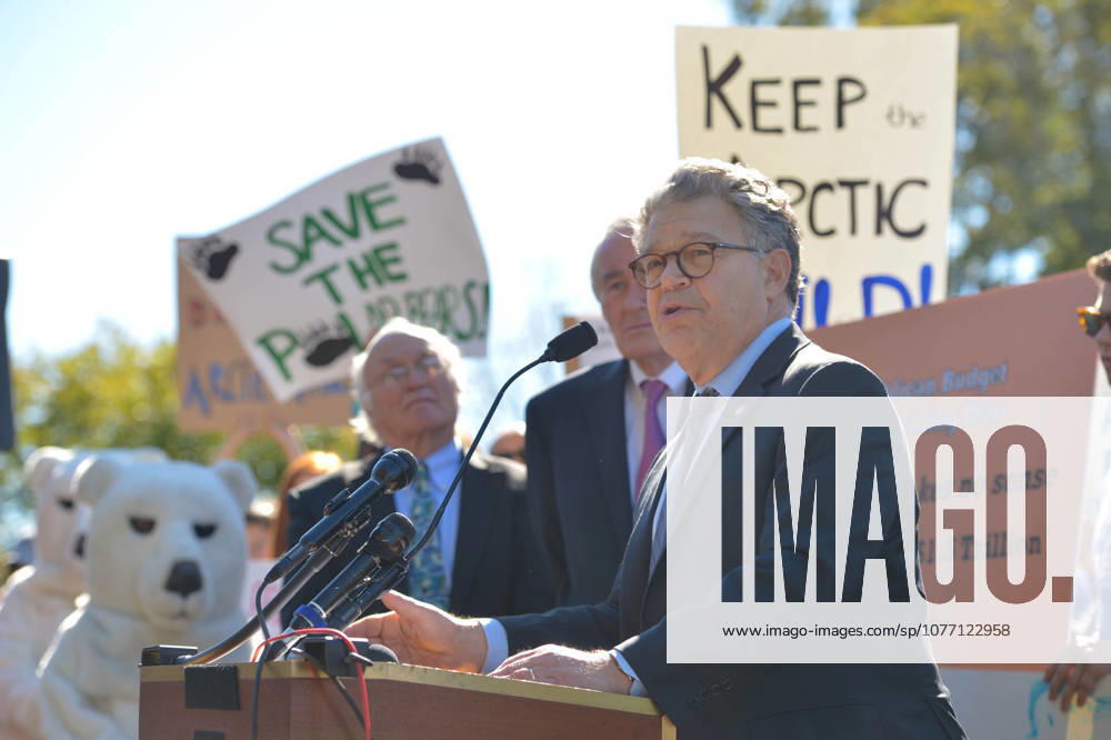 Washington, DC, United States of America - U.S. Sen. Al Franken of Minnesota, alongside fellow Democratic senators speaks during a rally opposing oil and gas drilling in the Arctic National Wildlife Refuge on the east lawn of the Capitol October 17, 2017 in Washington, DC.