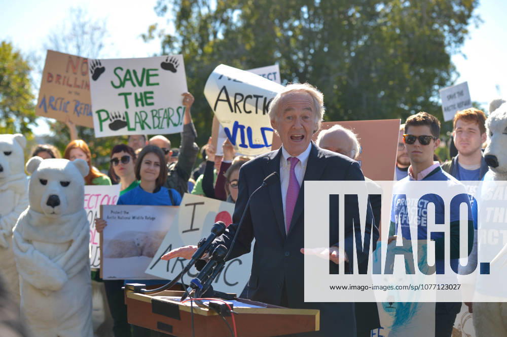 Washington, DC, United States of America - U.S. Sen. Ed Markey of Massachusetts, alongside fellow Democratic senators speaks during a rally opposing oil and gas drilling in the Arctic National Wildlife Refuge on the east lawn of the Capitol October 17, 2017 in Washington, DC.