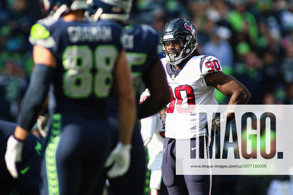 Houston Texans defensive end Jadeveon Clowney (90) watches the Seahawks offense during a game between the Houston Texans and the Seattle Seahawks at CenturyLink Field in Seattle, WA on October 29, 2017. The Seahawks defeated the Texans 41-38. Sean Brown CSM