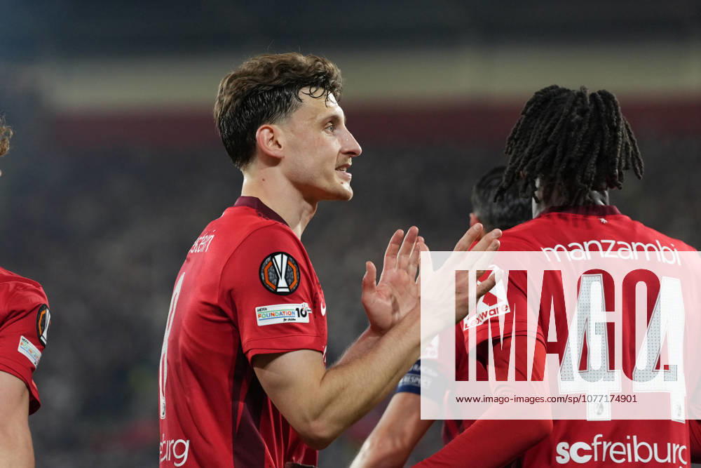 Maximilian Eggestein SC Freiburg, 08 goal celebration, emotions, goal shot, finish, goal success, goal, goal , Germany, football, UEFA Europa League, semi-final, second leg, 2025 2026, SC Freiburg vs SC Braga, 07 05 2026, Europa Park Stadion, Freiburg Europa Park Stadion Baden Württemberg Germany