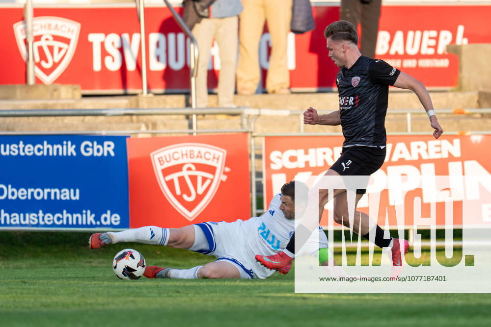 Soccer Mens Regionalliga Bayern Season 2025 2026 33 Matchday 08 05 2026 TSV Buchbach Viktoria Aschaffenburg SMR Arena Benjamin Baier L of SV Viktoria Aschaffenburg in a duel with Tobias Stoßberger R of TSV Buchbach Buchbach SMR Arena Bavaria Germany