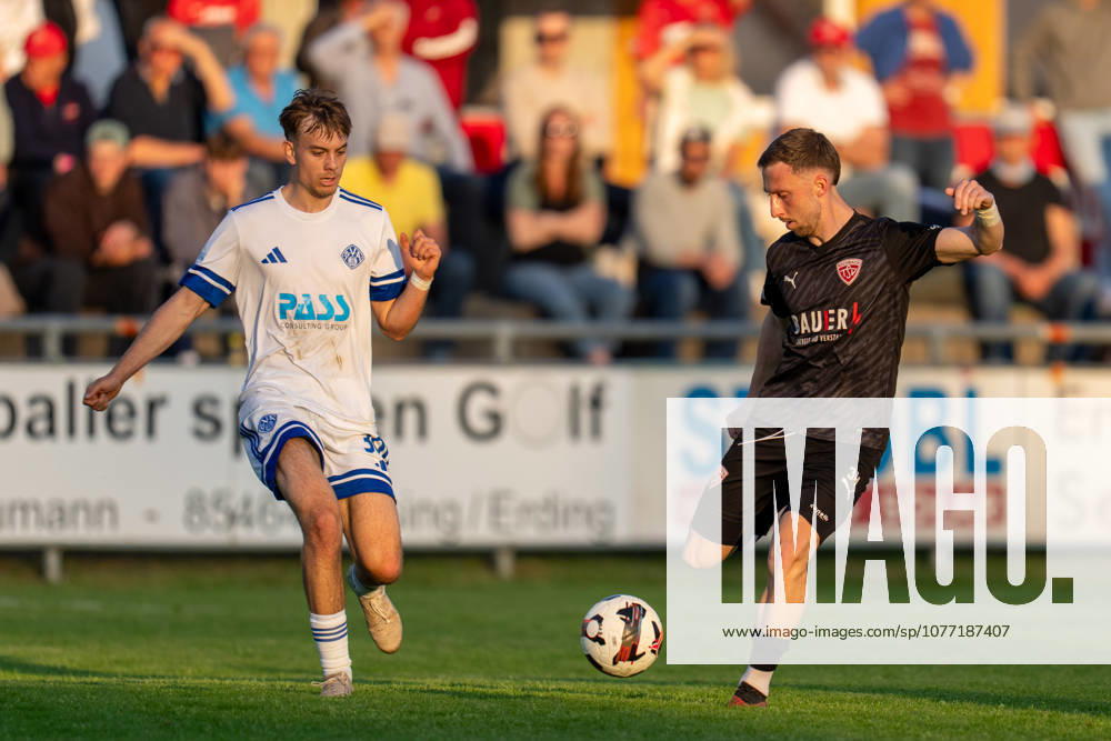 Soccer Men Regionalliga Bayern Season 2025 2026 33 Matchday 08 05 2026 TSV Buchbach Viktoria Aschaffenburg SMR Arena Matvey Obolkin L of SV Viktoria Aschaffenburg in a duel with Albano Gashi R of TSV Buchbach Buchbach SMR Arena Bavaria Germany
