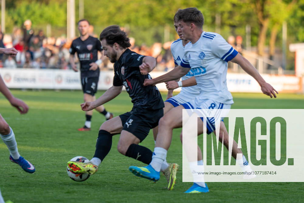 Soccer Men Regionalliga Bayern Season 2025 2026 33 Matchday 08 05 2026 TSV Buchbach Viktoria Aschaffenburg SMR Arena Tobias Heiland L of TSV Buchbach in a duel with Lars Kleiner R of SV Viktoria Aschaffenburg Buchbach SMR Arena Bavaria Germany