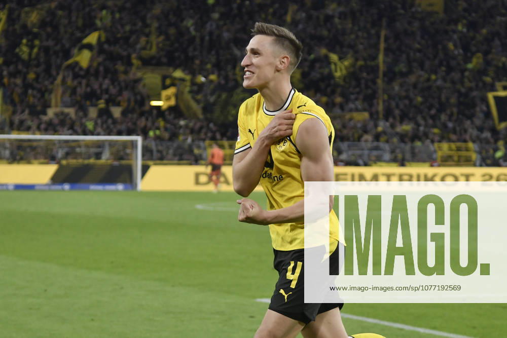 Nico Schlotterbeck Dortmund 4 cheers after scoring 2 1 08 05 2026 ¢ Football ¢ Borussia Dortmund vs Eintracht Frankfurt, Signal Iduna Park, Dortmund, DFB DFL REGULATIONS PROHIBIT ANY USE OF PHOTOGRAPHS AS IMAGE SEQUENCES AND OR QUASI VIDEO