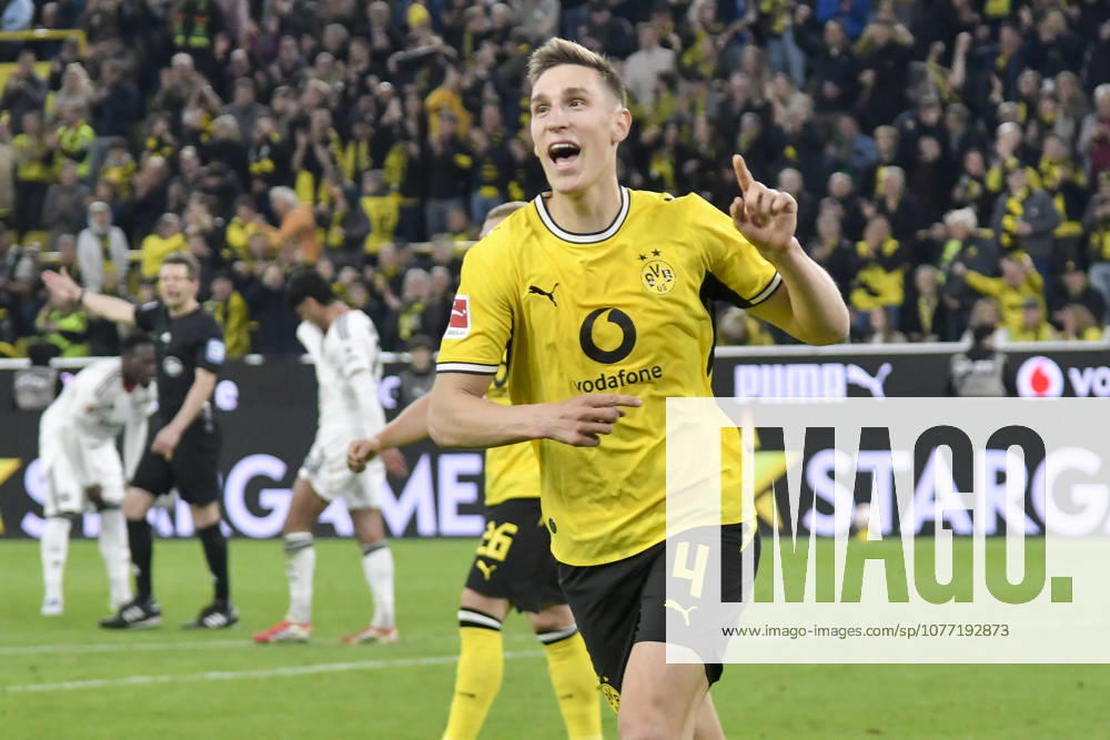 Nico Schlotterbeck Dortmund 4 cheers after scoring 2 1 08 05 2026 ¢ Football ¢ Borussia Dortmund vs Eintracht Frankfurt, Signal Iduna Park, Dortmund, DFB DFL REGULATIONS PROHIBIT ANY USE OF PHOTOGRAPHS AS IMAGE SEQUENCES AND OR QUASI VIDEO