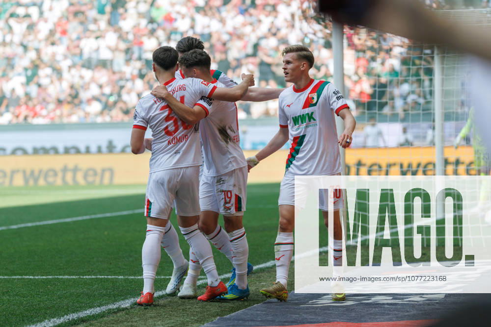 Team FC Augsburg Goal for 2 0 at the match between FC Augsburg v Borussia Mönchengladbach, Soccer, Men, Bundesliga, 2025 2026, 33 Matchday on 09 05 2026 in Augsburg, WWK ARENA DFL and DFB regulations prohibit any use of photographs as image sequences and or quasi video Bayern Germany