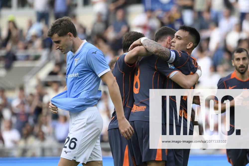 Inter Milans Petar Sucic celebrates after scoring the goal 0-2 during the Serie A Enilive soccer match between SS Lazio and Inter - FC Internazionale at the Rome s Olympic stadium, Italy - Saturday, May 09, 2026. - Soccer.