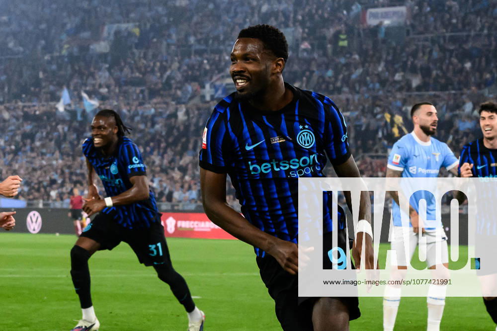 Marcus Thuram of FC Internazionale celebrates after scoring the goal of 0-1 during the 2025 2026 Coppa Italia football final between SS Lazio and FC Internazionale at Stadio Olimpico in Rome (Italy), May 13, 2026. AndreaxStaccioli