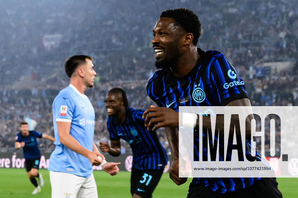 Marcus Thuram of FC Internazionale celebrates after scoring the goal of 0-1 during the 2025 2026 Coppa Italia football final between SS Lazio and FC Internazionale at Stadio Olimpico in Rome (Italy), May 13, 2026. AndreaxStaccioli