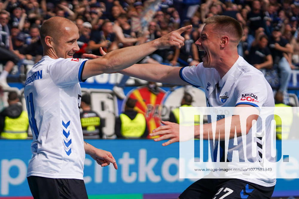 Germany Soccer 2 Liga 2025 2026, Matchday 34 SV Darmstadt 98 vs SC Paderborn 07 Merck Stadion am Böllenfalltor Darmstadt Sven Michel SCP, 11 Goal and goal celebration for 0 2 for SC Paderborn 07 with Steffen Tigges SCP, 27