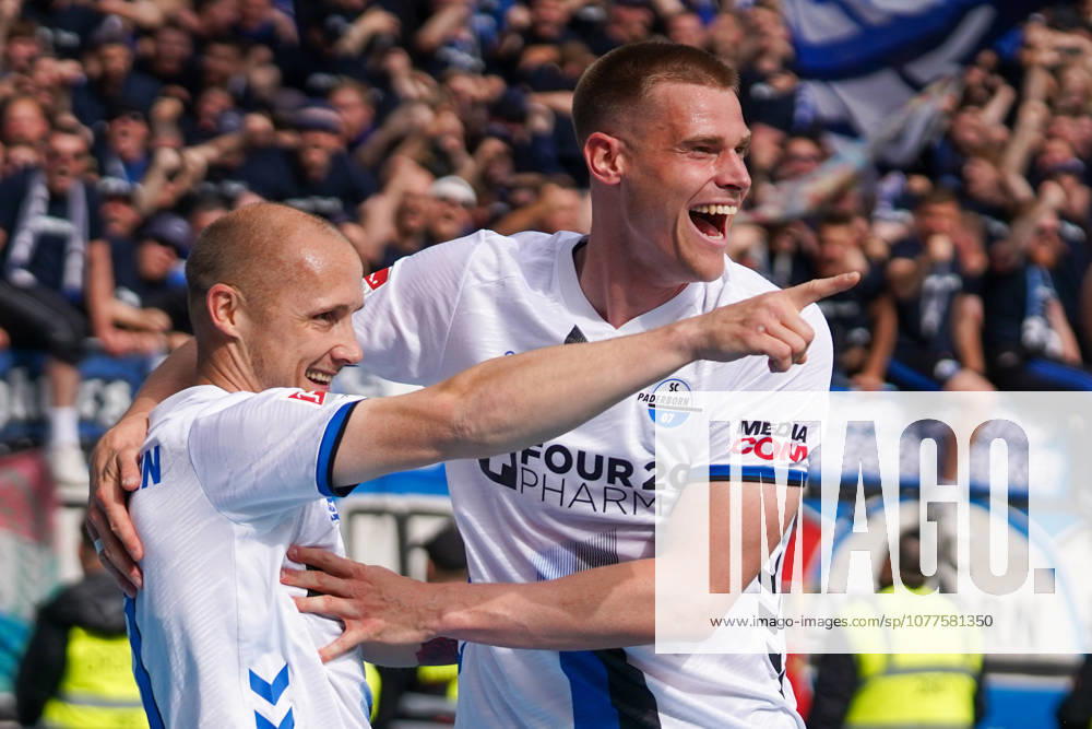 Germany Soccer 2 Liga 2025 2026, Matchday 34 SV Darmstadt 98 vs SC Paderborn 07 Merck Stadion am Böllenfalltor Darmstadt Sven Michel SCP, 11 Goal and goal celebration for 0 2 for SC Paderborn 07 with Steffen Tigges SCP, 27