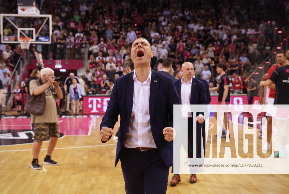 Coach Marko Stankovic Telekom Baskets Bonn celebrating after victory against Fitness First Würzburg Wuerzburg Baskets Playoffs Quarterfinals Game 5 Season 2025 26
