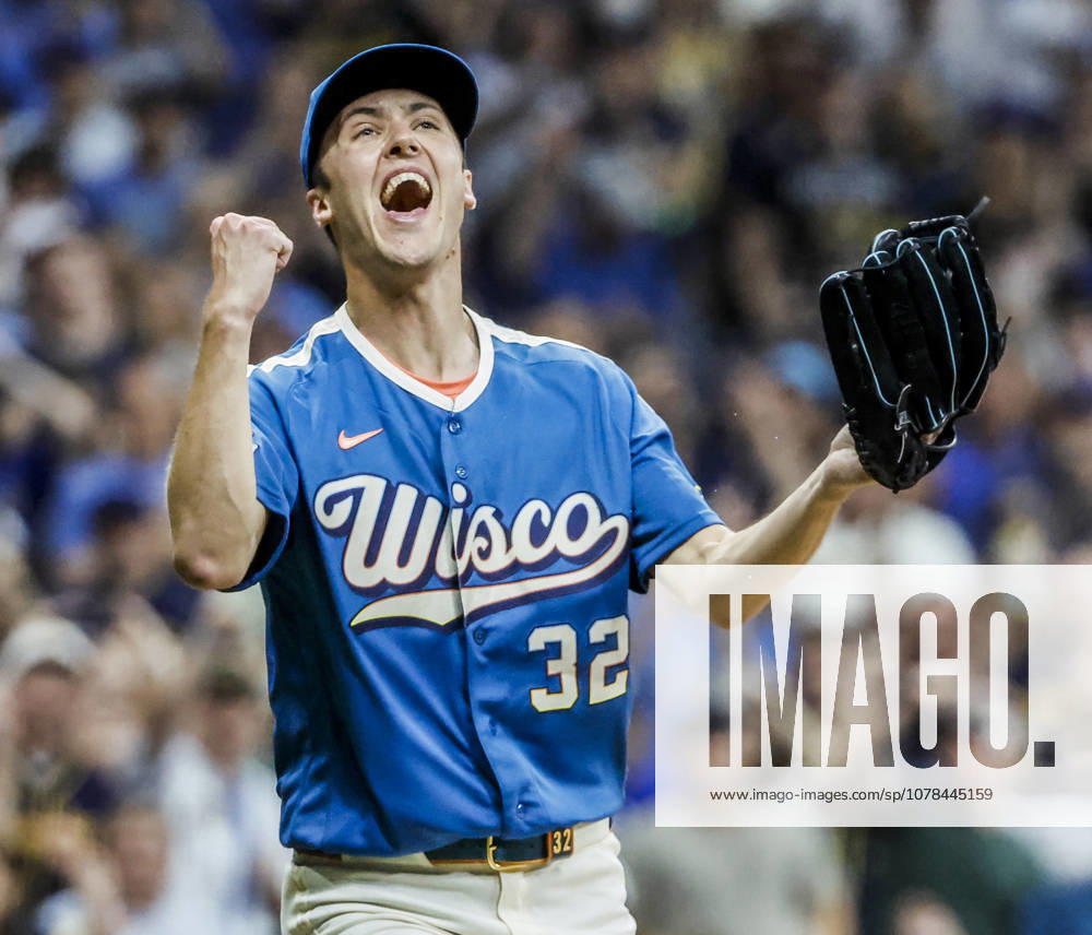 Milwaukee Brewers starting pitcher Jacob Misiorowski reacts after the final out in the ninth inning of the MLB, Baseball Herren, USA game between the Philadelphia Phillies and the Milwaukee Brewers at American Family Field in Milwaukee, Wisconsin on Friday, June 12, 2026. The Brewers shut out the Phillies 6-0. MIL20260612835 TANNENxMAURY