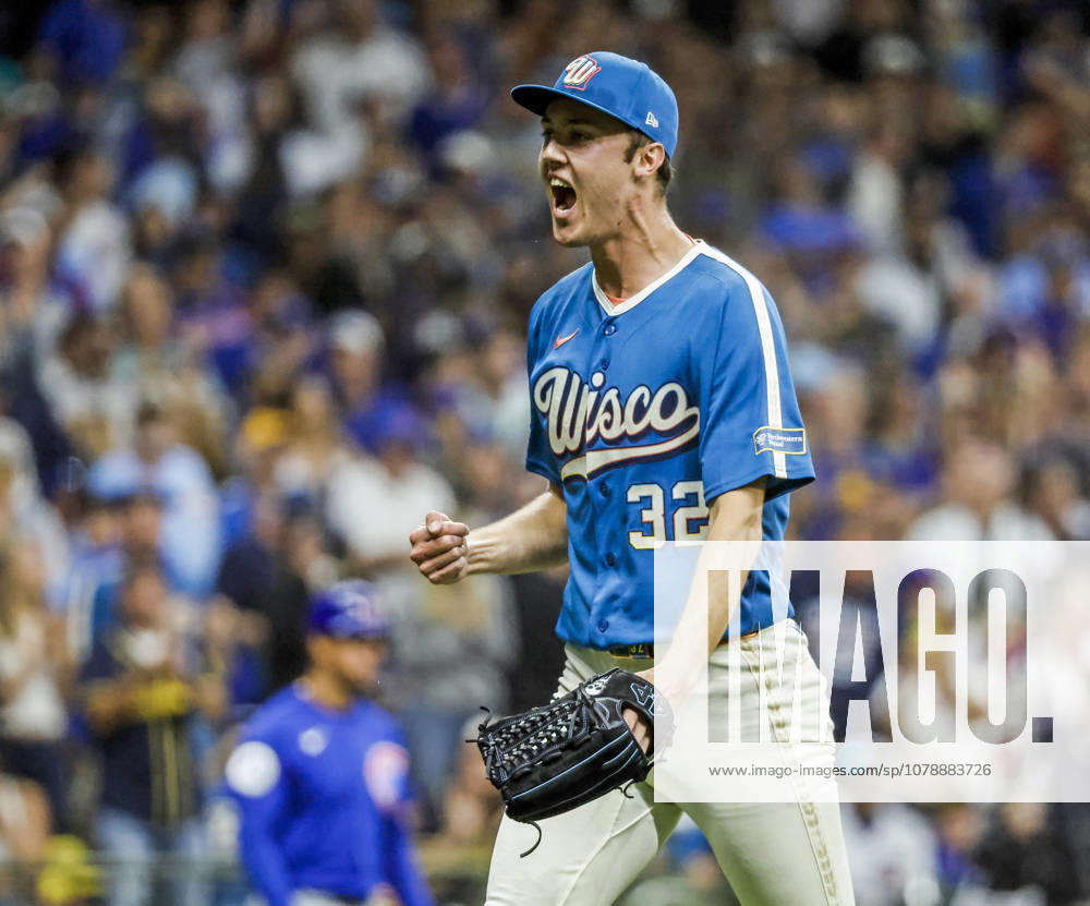 Milwaukee Brewers starting pitcher Jacob Misiorowski reacts after striking out Chicago Cubs right fielder Ian Happ with the bases loaded in the sixth inning of the MLB, Baseball Herren, USA game between the Chicago Cubs and the Milwaukee Brewers at American Family Field in Milwaukee, Wisconsin on Friday, June 26, 2026. MIL20260626821 TANNENxMAURY