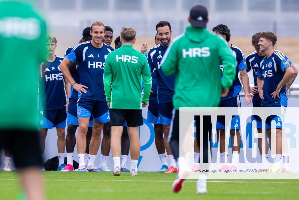 Soccer, FC Schalke 04 training session featuring Timo Becker (FC Schalke 04) and Kenan Karaman (FC Schalke 04) laughing at the FC Schalke 04 training facility in Gelsenkirchen, North Rhine-Westphalia, Germany xRHR PHOTO YYx