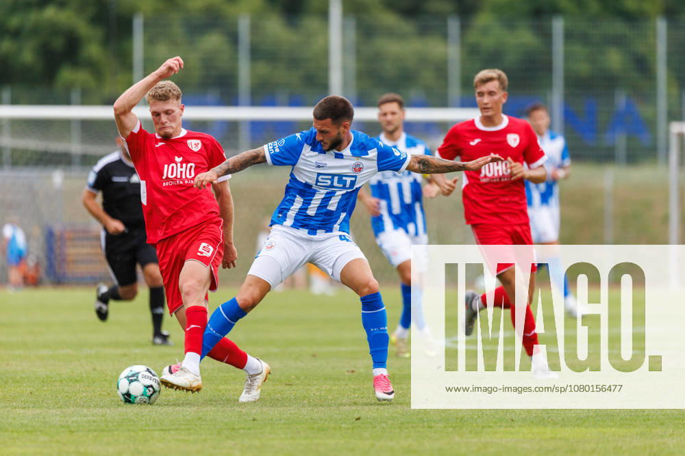 Lukas Walchhütter (Greifswald) vs. Leon Dajaku (Rostock), GER, FC Hansa Rostock vs. Greifswalder FC, Soccer, Men, 3rd Division, Friendly Match, 2026–2027 Season, July 15, 2026, Neuruppin Volksparkstadion, Brandenburg, Germany
