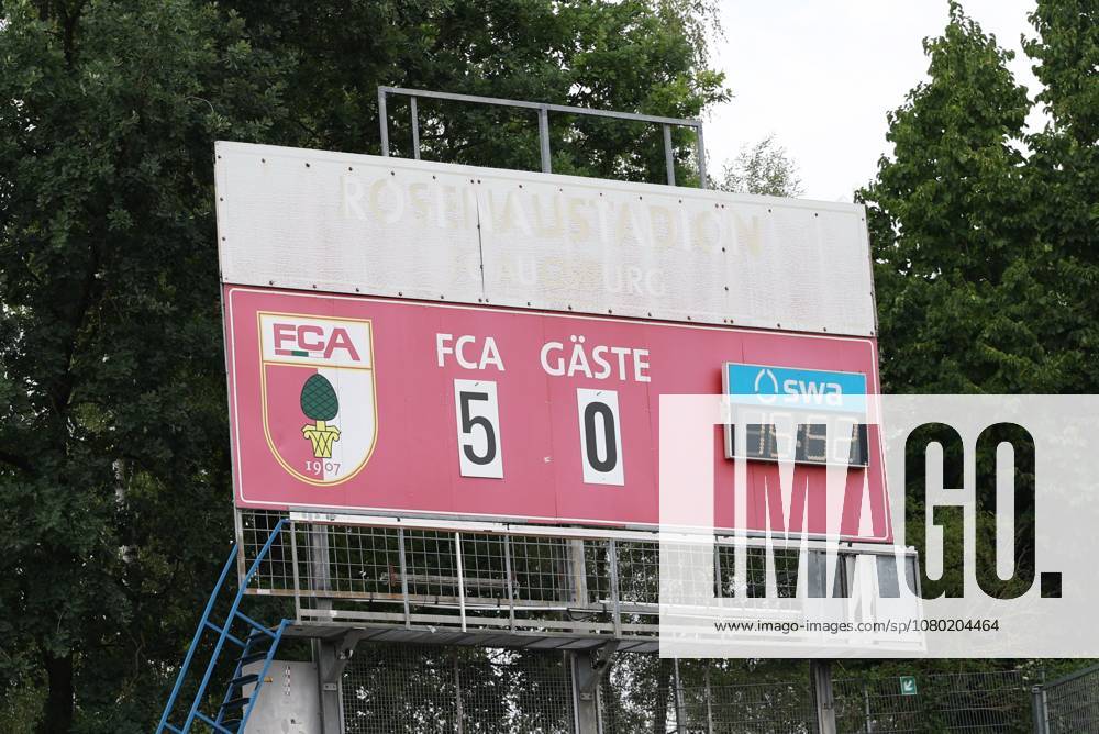 Final score on the scoreboard: 5–0, FC Augsburg vs. BFV Schwaben Select, Soccer, Bundesliga 1, Friendly, 2026–27 Season, July 18, 2026, Augsburg, Bavaria, Germany