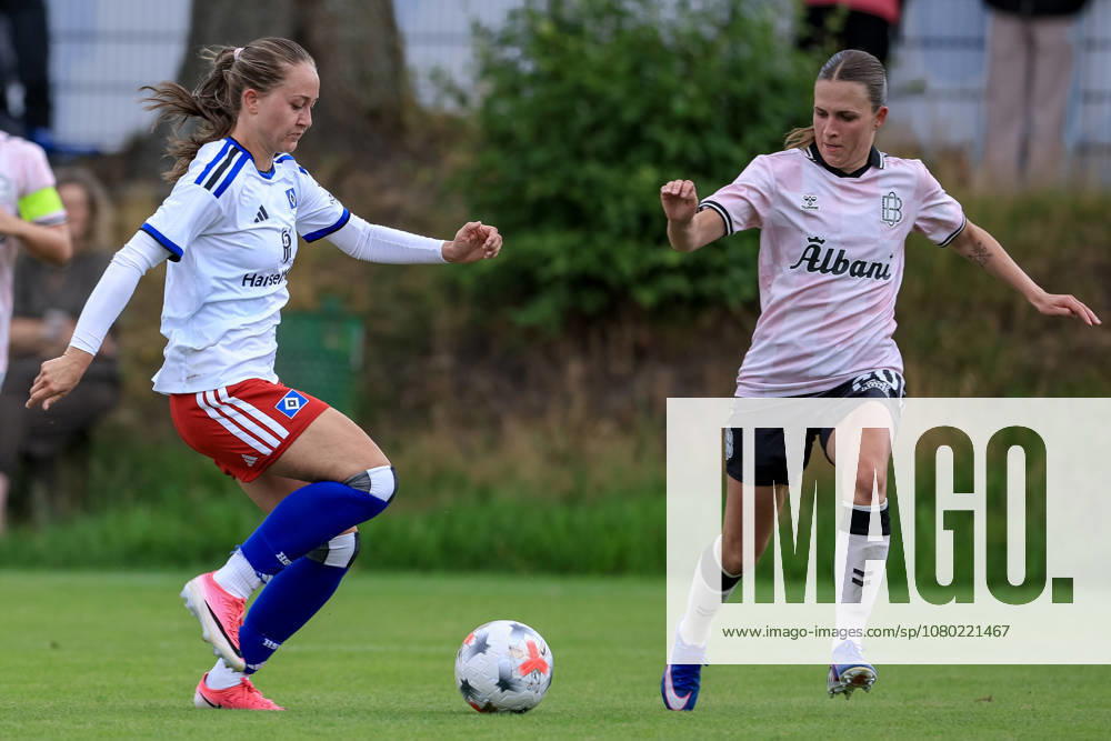 From left: Camilla Linberg (Hamburger SV, HSV), 7, and Sofie Thrige (Odense BK), 20, in a one-on-one battle, duel, dynamic moment, action, game scene, July 18, 2026, Norderstedt, Germany, soccer, women’s friendly, Hamburger SV vs. Odense BK