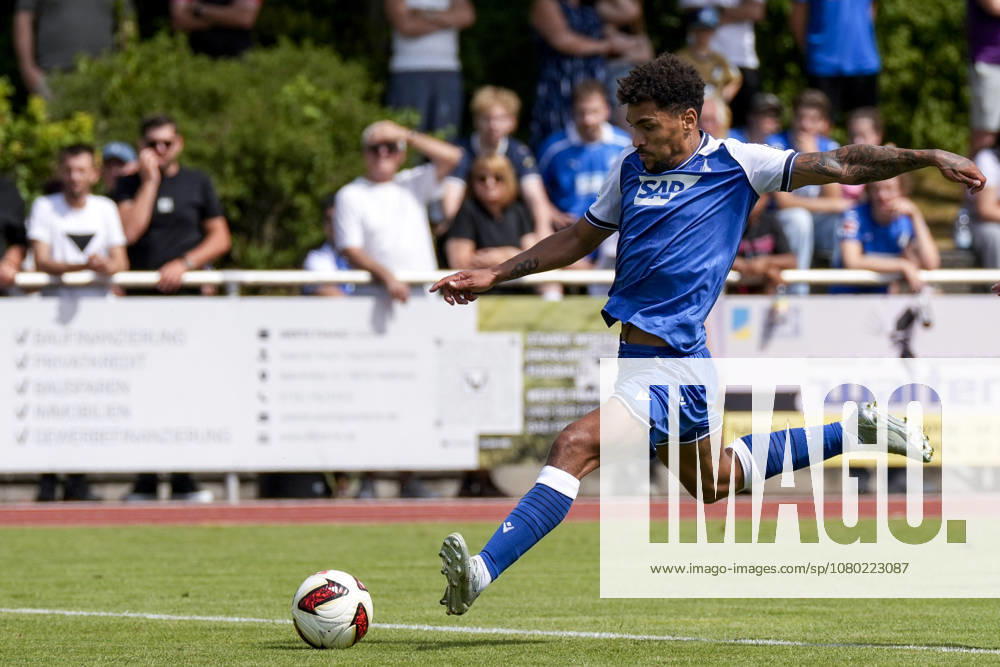 Valentin Gendrey Hoffenheim, 15, on the ball, isolated figure, full-body shot, single image, single photo, action, July 18, 2026, Bad Friedrichshall, Germany, soccer, exhibition match, TSG 1899 Hoffenheim vs. SGV Heilbronn Freiberg, DFB and DFL regulations prohibit any use of photographs as image sequences and or quasi-video