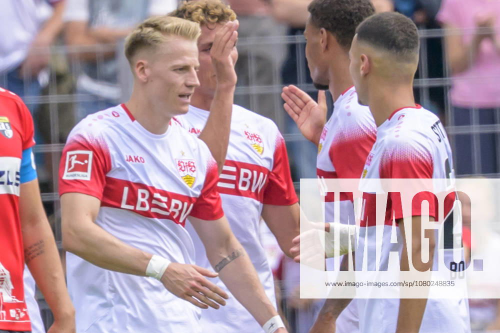 In the photo, from left: goal, score, celebration, goal celebration, joy, excitement, celebrating, after the 0-3 goal by Chris Fuehrich 10, VFB Stuttgart, GER, Balingen Soccer, Friendly Match, TSG Balingen vs. VfB Stuttgart at the Bizerba Arena in Balingen, July 19, 2026, DFB and DFL regulations prohibit any use of photographs as image sequences and or quasi-video,
