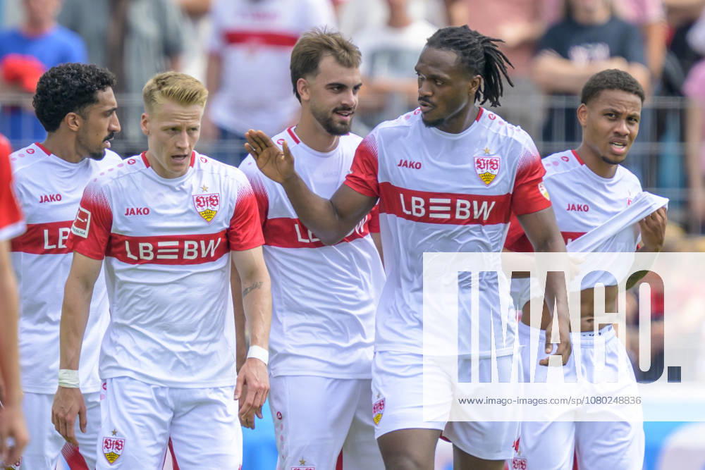 In the photo, from left: goal, score, celebration, goal celebration, joy, excitement, celebrating, after the 0-3 goal by Chris Fuehrich 10, VFB Stuttgart, GER, Balingen Soccer, Friendly Match, TSG Balingen vs. VfB Stuttgart at the Bizerba Arena in Balingen, July 19, 2026, DFB and DFL regulations prohibit any use of photographs as image sequences and or quasi-video,