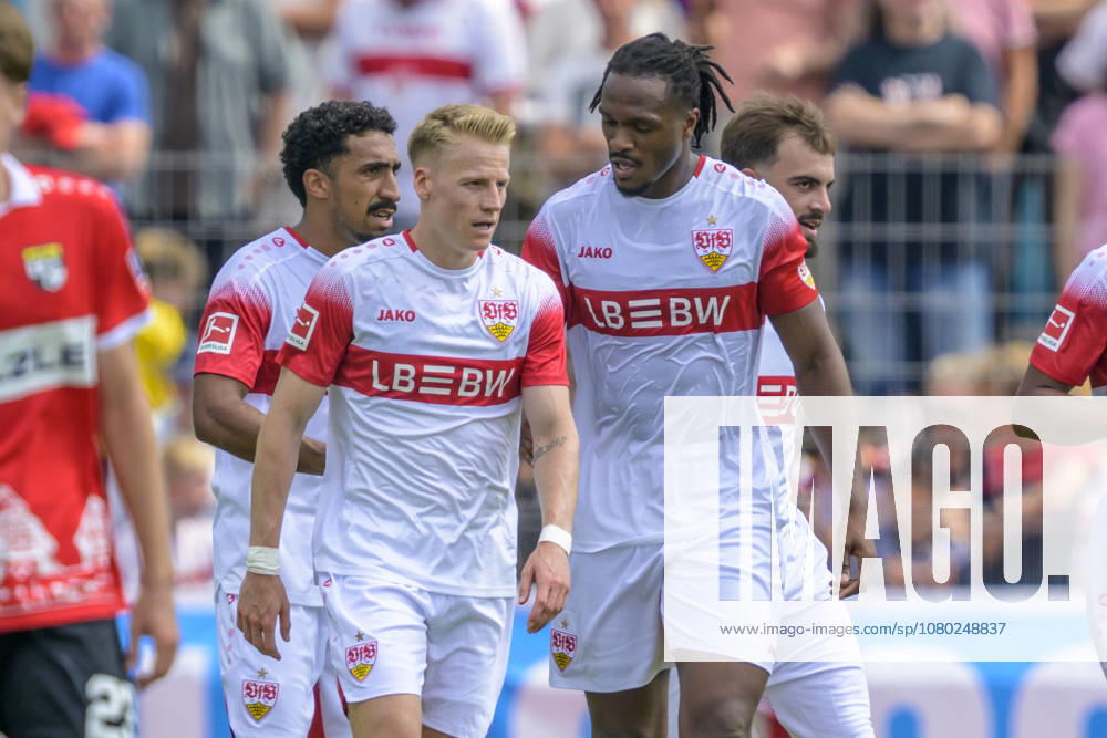 In the photo, from left: goal, score, celebration, goal celebration, joy, excitement, celebrating, after the 0-3 goal by Chris Fuehrich 10, VFB Stuttgart, GER, Balingen Soccer, Friendly Match, TSG Balingen vs. VfB Stuttgart at the Bizerba Arena in Balingen, July 19, 2026, DFB and DFL regulations prohibit any use of photographs as image sequences and or quasi-video,