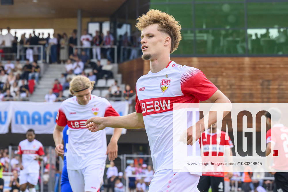 In the photo, from left: goal, score, celebration, goal celebration, joy, excitement, celebrating, by Lazar Jovanovic 45, VFB Stuttgart, Ivo Colic 31, TSG Balingen, tackle, action, battle, fighting for the ball, goal, GER, Balingen soccer, friendly match, TSG Balingen vs. VfB Stuttgart July 19, 2026, DFB and DFL regulations prohibit any use of photographs as image sequences and or quasi-video,