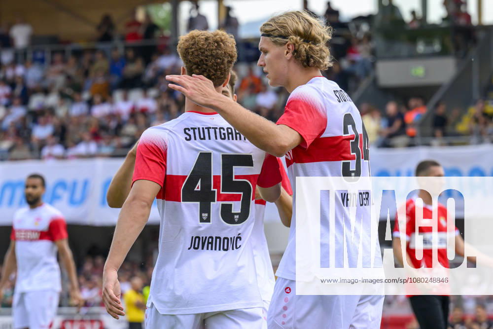 In the photo, from left: goal, score, celebration, goal celebration, joy, excitement, celebrating, by Lazar Jovanovic 45, VFB Stuttgart, Ivo Colic 31, TSG Balingen, tackle, action, battle, fighting for the ball, goal, GER, Balingen soccer, friendly match, TSG Balingen vs. VfB Stuttgart July 19, 2026, DFB and DFL regulations prohibit any use of photographs as image sequences and or quasi-video,