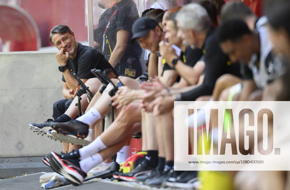 Coach Niko Kovac of Borussia Dortmund laughing on the sidelines, gesturing, during a soccer friendly between Fortuna Düsseldorf and Borussia Dortmund on July 25, 2026, at the Merkur Spiel Arena in Düsseldorf, Germany