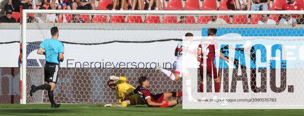 Offenbach am Main, Pluto Stadium at Bieberer Berg Anniversary Match: Kickers Offenbach OFC vs. VfB Stuttgart Goal to make it 0–1 by Chris Führich (VfB) against goalkeeper Johannes Brinkies 1, OFC