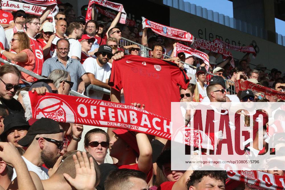 Offenbach am Main, Pluto Stadium at Bieberer Berg Anniversary Match: Kickers Offenbach OFC vs. VfB Stuttgart Fans from Offenbach wearing scarves