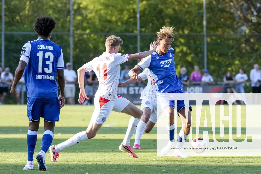 V li Bernardo Fernandes da Silva Junior (Hoffenheim), 13, Alexander Bernhardsson (Kiel), 11, Luis Engelns (Hoffenheim), 16, tackle, game scene, duel, tackle, tackling, dynamics, action, 07 29 2026, Zuzenhausen, Germany, soccer, friendly match, TSG 1899 Hoffenheim vs. Holstein Kiel, DFB and DFL regulations prohibit any use of photographs as image sequences and or quasi-video