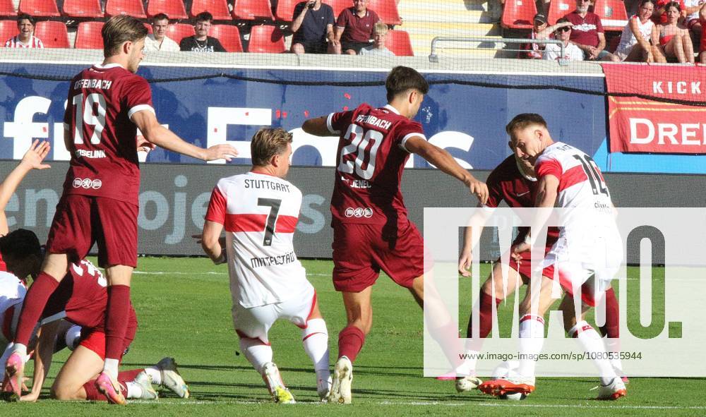 Offenbach am Main, Pluto Stadium at Bieberer Berg Anniversary Match: Kickers Offenbach OFC vs. VfB Stuttgart Jelle Goselink 19, OFC and against Dominik Crljenec 20, OFC against Maximilian Mittelstädt and Chris Führich VfB