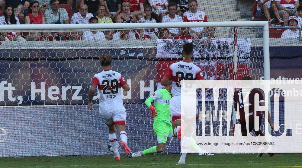 Offenbach am Main, Pluto Stadium at Bieberer Berg Anniversary Match: Kickers Offenbach OFC vs. VfB Stuttgart Goal to make it 1–3 by Benedikt von Hagen in the 17th minute; OFC goalkeeper Fabian Bredlow defeated VfB