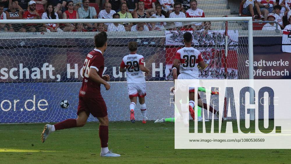 Offenbach am Main, Pluto Stadium at Bieberer Berg Anniversary Match: Kickers Offenbach OFC vs. VfB Stuttgart Goal to make it 1–3 by Benedikt von Hagen in the 17th minute; OFC goalkeeper Fabian Bredlow defeated VfB