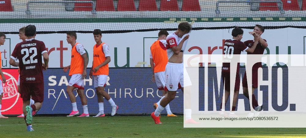 Offenbach am Main, Pluto Stadium at Bieberer Berg Anniversary Match: Kickers Offenbach OFC vs. VfB Stuttgart Celebration after Benedikt von Hagen s goal to make it 1–3 in the 17th minute, OFC