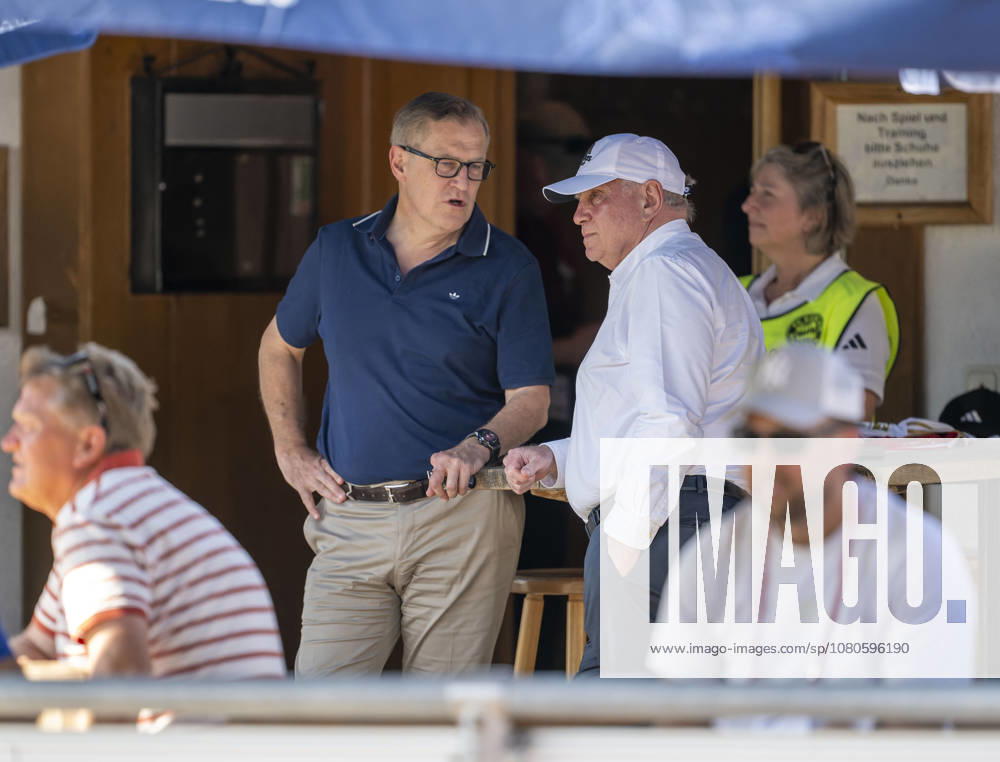 2026–2027 Bundesliga season, FC Bayern Munich training camp in Rottach Egern on Lake Tegernsee, Bavaria; friendly match between FC Rottach Egern and FC Bayern Munich; from left: CEO Jan Christian Dreesen of FC Bayern Munich and Honorary President Uli Hoeneß of FC Bayern Munich; Hoeneß at the clubhouse