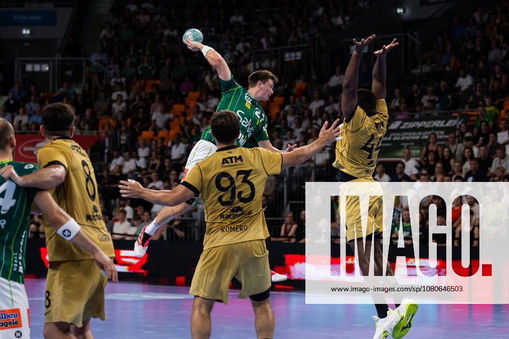 Oskar SUNNEFELDT, FRISCH AUF Goeppingen, No. 27, scores a goal, play, shot on goal, GER, FRISCH AUF Goeppingen vs. Sporting Lisbon, handball, preseason friendly, 2026–2027 season, August 2, 2026, GER, FRISCH AUF Goeppingen vs. Sporting Lisbon, handball, preseason friendly, 2026–2027 season, August 2, 2026, Neu Ulm
