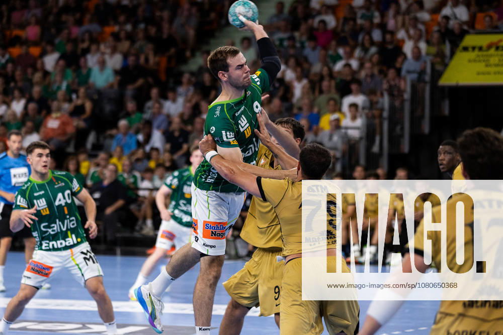 Max BENEKE, FRISCH AUF Goeppingen, scores a goal in the 9th minute, action, shot on goal, GER, FRISCH AUF Goeppingen vs. Sporting Lisbon, handball, preseason friendly, 2026–2027 season, August 2, 2026, GER, FRISCH AUF Goeppingen vs. Sporting Lisbon, handball, preseason friendly, 2026–2027 season, August 2, 2026, Neu Ulm