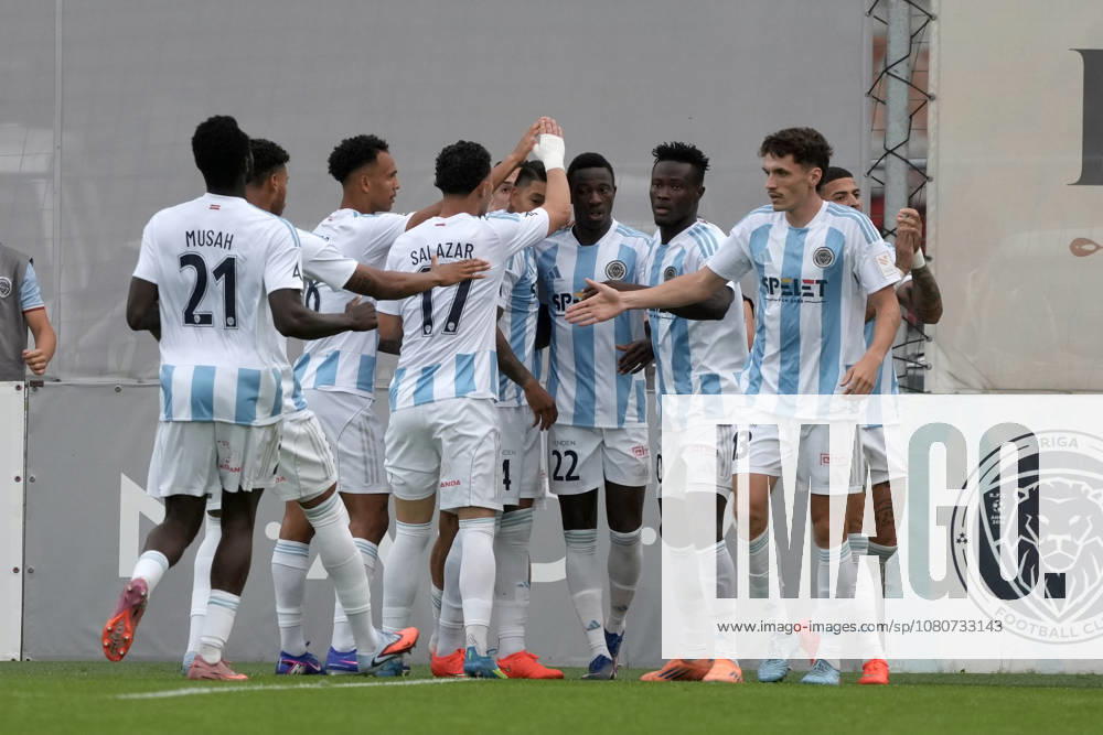 Riga FC players celebrate their first goal during the UEFA Europa Conference League qualifying round game between Latvias Riga FC and Hungarys ETA FC Gyor teams in Riga, Latvia 23.07.2026. Riga Latvia