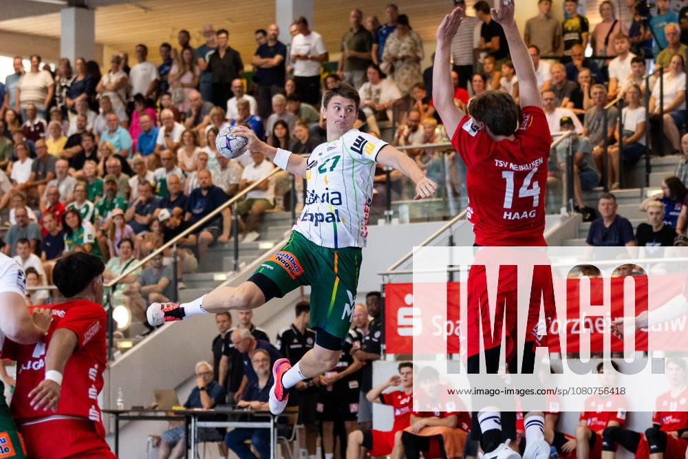 Oskar SUNNEFELDT, FRISCH AUF Goeppingen, No. 27, scores a goal, play, shot on goal GER, FRISCH AUF Goeppingen vs. TSV Neuhausen Filder, handball, preseason, tournament, S Cup Altensteig, Quarterfinals, 2026–2027 season, August 7, 2026, GER, FRISCH AUF Goeppingen vs. TSV Neuhausen Filder, handball, preseason, tournament, S Cup Altensteig, quarterfinals, 2026–2027 season, August 7, 2026, Altensteig