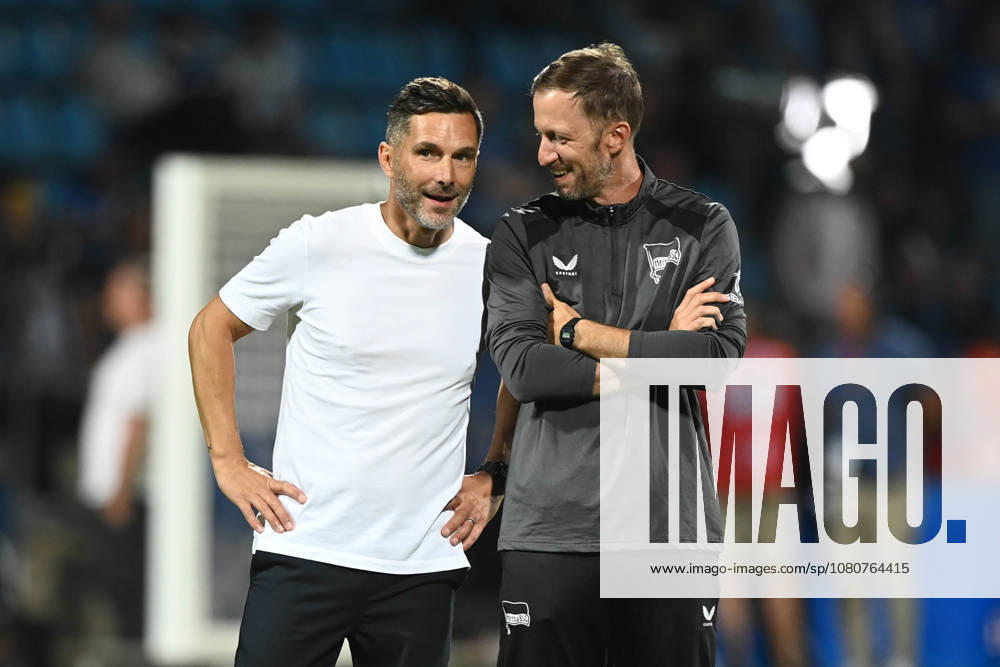Victory celebration, cheering, joy, cheers, Head Coach Stefan LEITL B and Assistant Coach Andreas SCHUMACHER B, Soccer, 2. Bundesliga, Matchday 1, VfL Bochum BO vs. Hertha BSC Berlin B 0–1 on August 7, 2026, at the Vonovia Ruhrstadion in Bochum, Germany. DFL regulations prohibit any use of photographs as image sequences and or quasi-video.