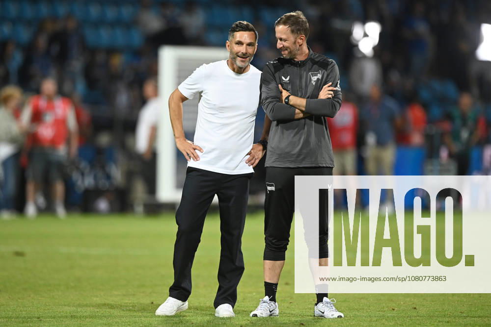 Victory celebration, cheering, joy, cheers, Head Coach Stefan LEITL B and Assistant Coach Andreas SCHUMACHER B, Soccer, 2. Bundesliga, Matchday 1, VfL Bochum BO vs. Hertha BSC Berlin B 0–1 on August 7, 2026, at the Vonovia Ruhrstadion in Bochum, Germany. DFL regulations prohibit any use of photographs as image sequences and or quasi-video.