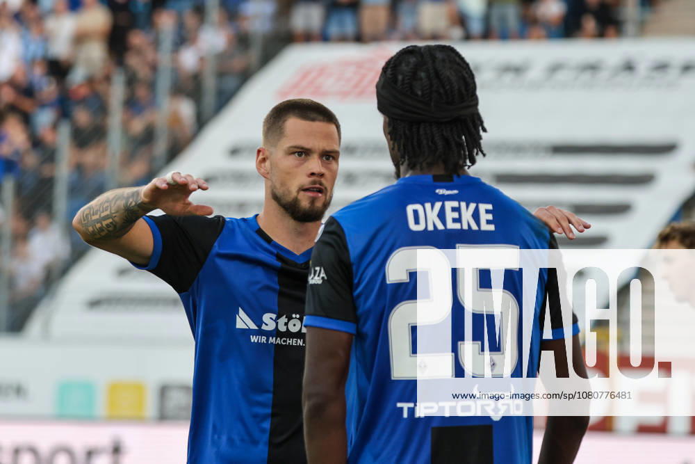 Julian Ulbricht, SV Waldhof Mannheim, No. 10, scorer of the 2-0 goal; goal celebration, gestures, joy, emotions with Jid Okeke, SV Waldhof Mannheim, No. 25; soccer, 3. Liga, Matchday 1, SV Waldhof Mannheim vs. Fortuna Düsseldorf on August 7, 2026, at the Carl Benz Stadium in Mannheim, Germany; Mannheim, Carl Benz Stadium, Germany